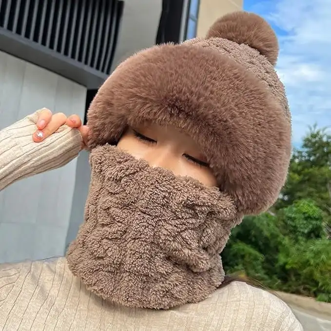 Winter Plush Beanie with Warm Neck Cover & Pom-Pom – Ultra Soft Cold-Weather Protection